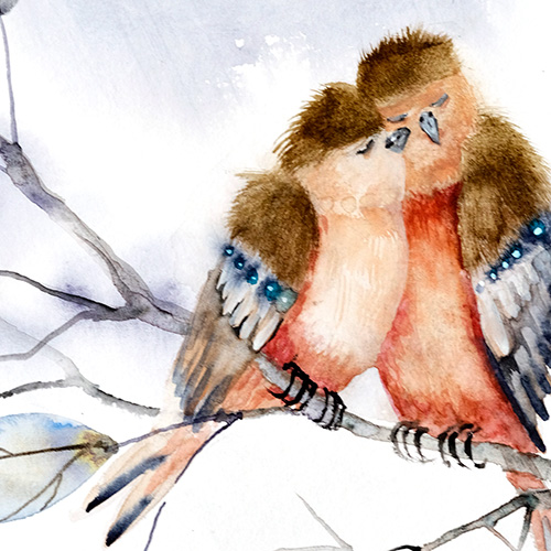oryginalne akwarele profesjonalne najlepsze piękne do salonu do sypialni ilustracje botaniczne Marta Konieczny na prezent na sprzedaż na zamówienie dla kobiety kolorowe profesjonalna polecana galeria niebieska szara ptaszki na gałęzi przytulone kochające